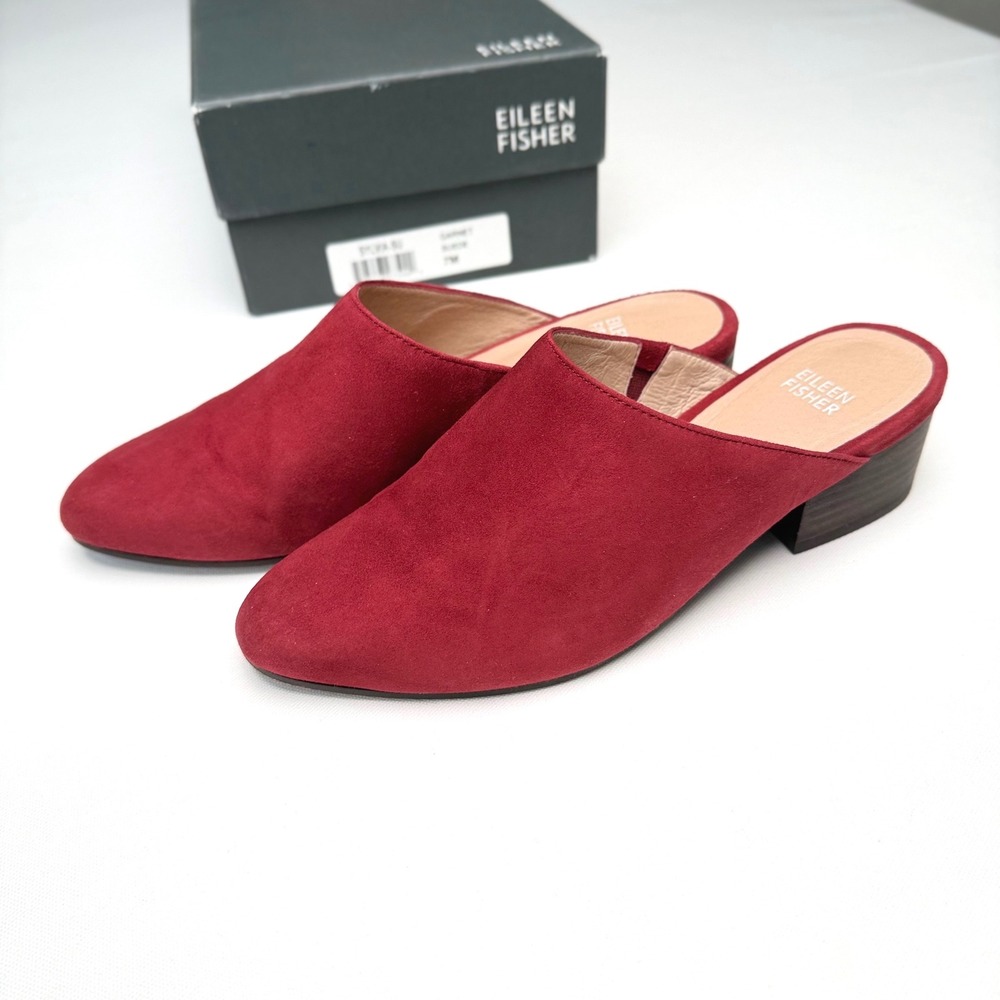 Eileen Fisher Sylvia Suede Mules Garnet Red 7M Capsule Career Luxury Chic - Picture 7 of 11